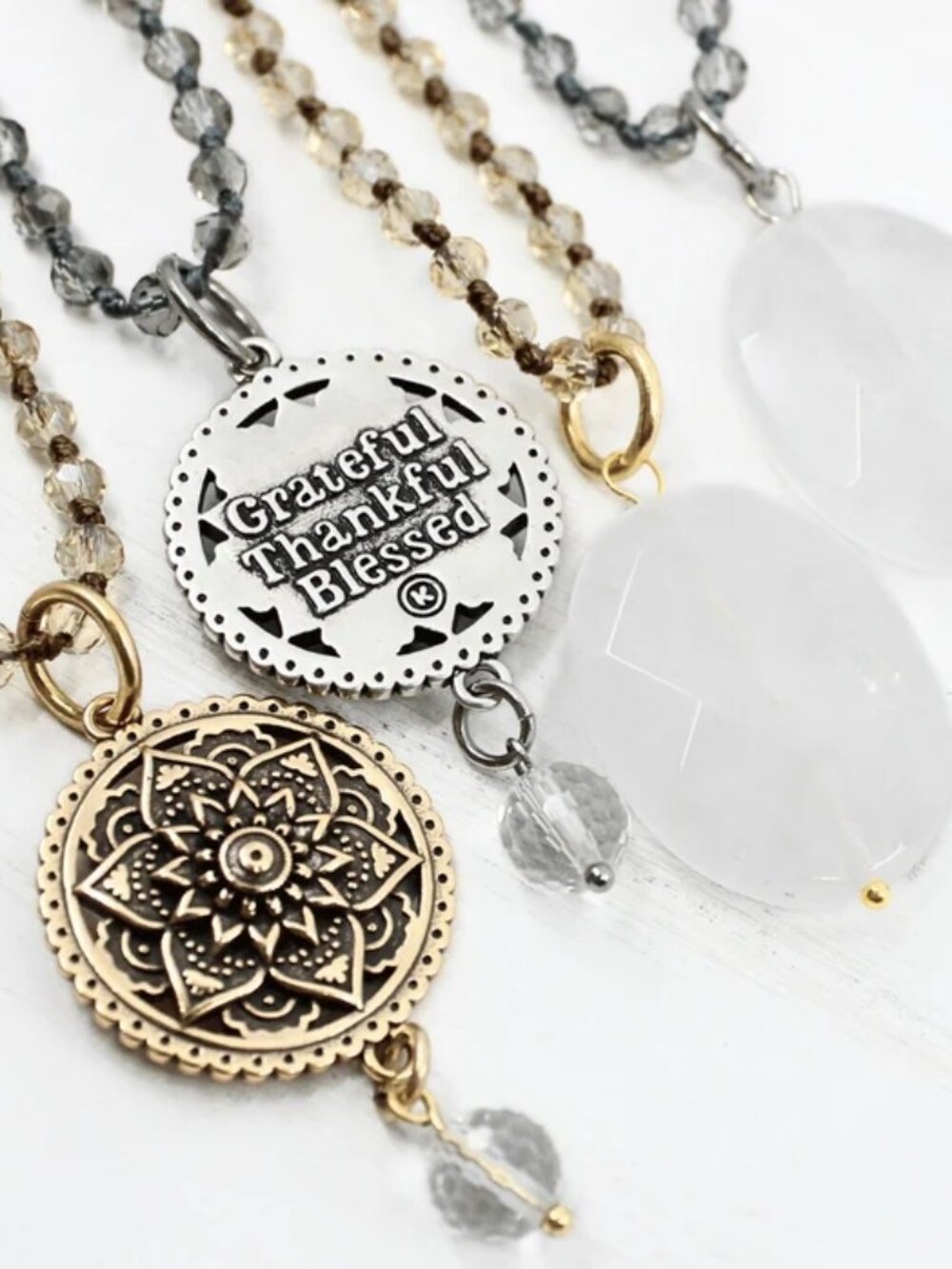 Katia Designs Grateful Thankful Blessed Mandala Bloom Necklace Goldtone